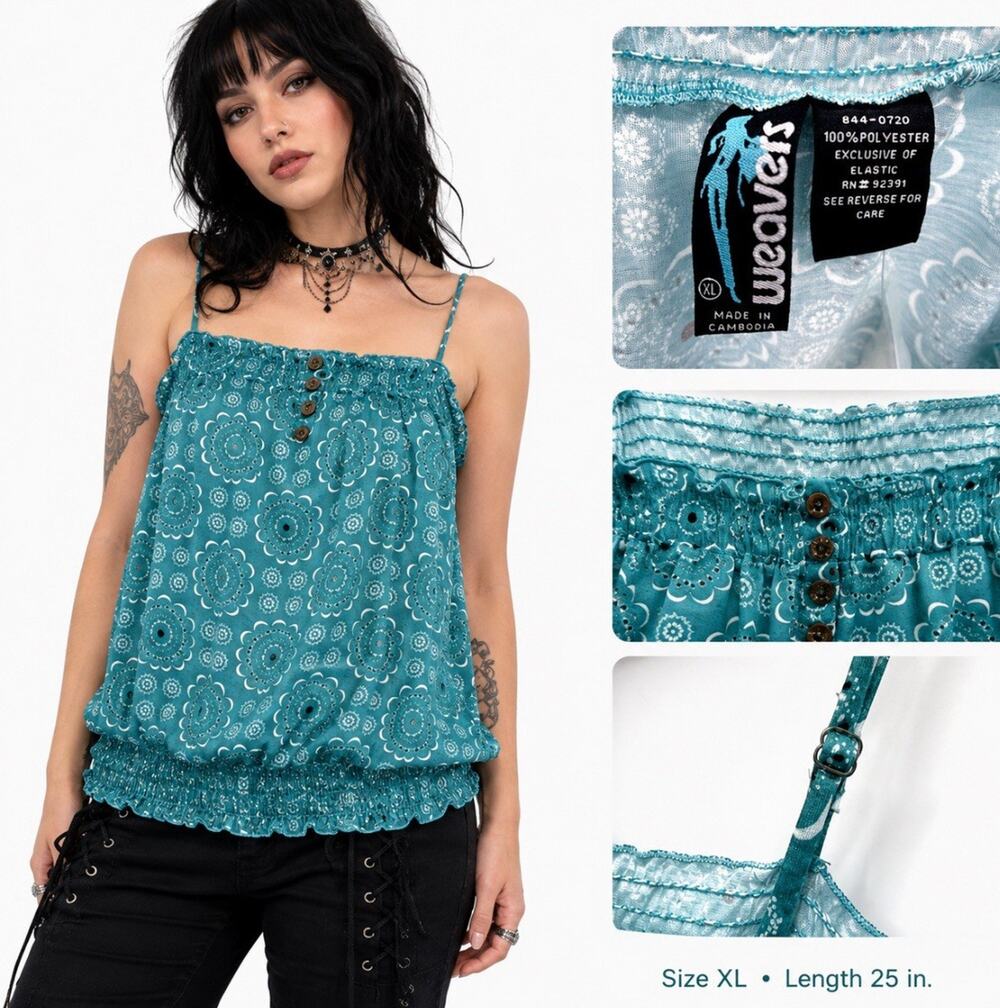 NWT Y2K Indie Sleaze 00s Boho Weavers Smocked Button Cami Tank XL Teal Medallion